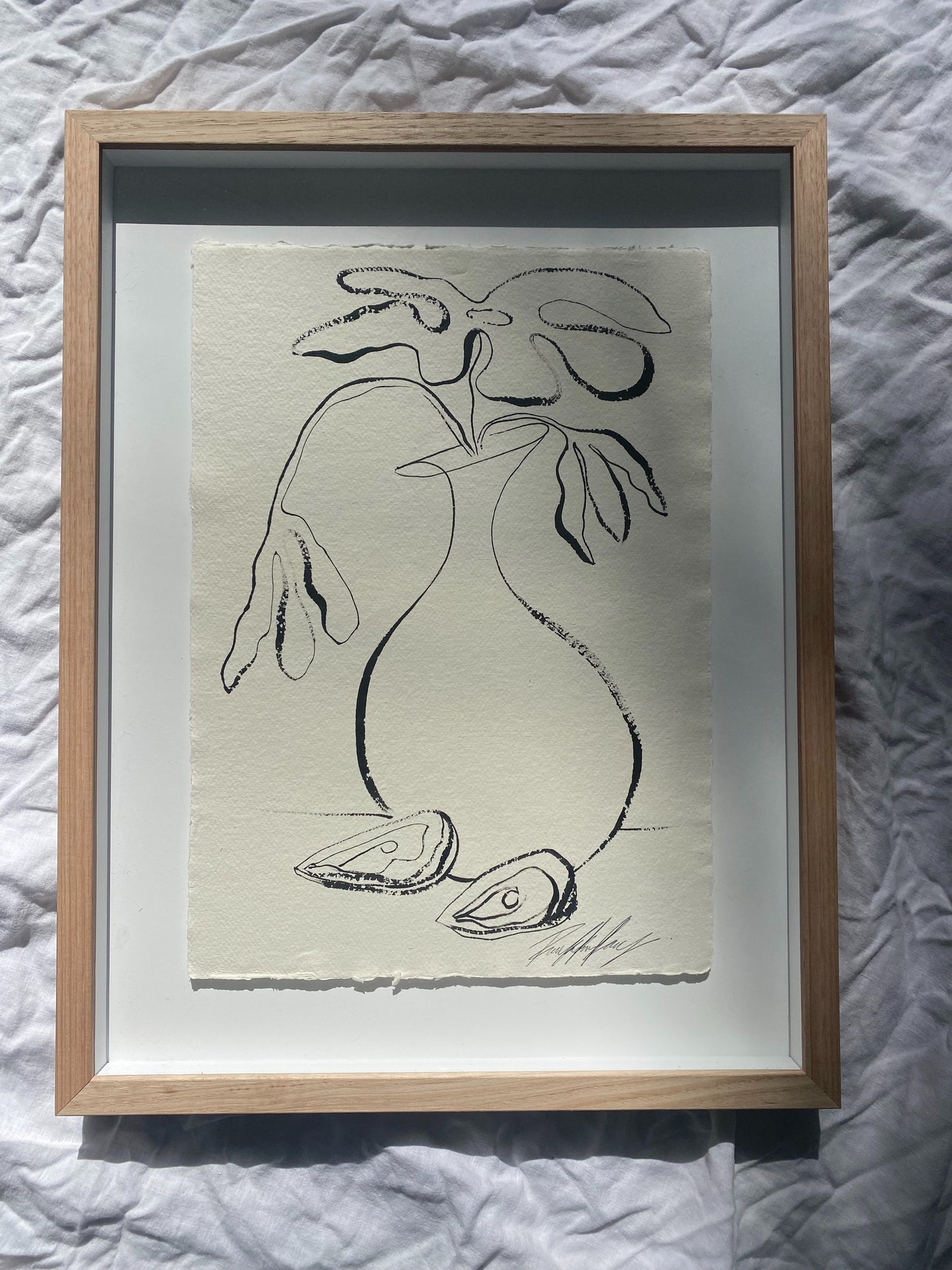 "In Bloom" - Original black acrylic on Khadi paper, framed in Tasmanian Oak. 560mm x 430mm