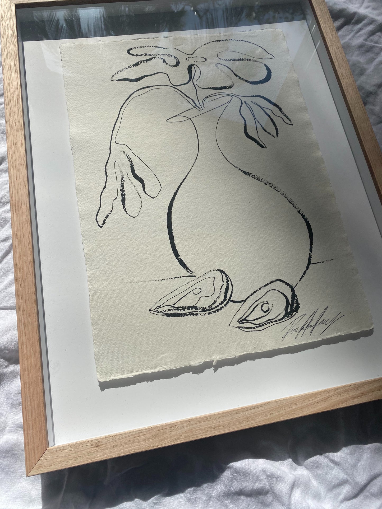 "In Bloom" - Original black acrylic on Khadi paper, framed in Tasmanian Oak. 560mm x 430mm