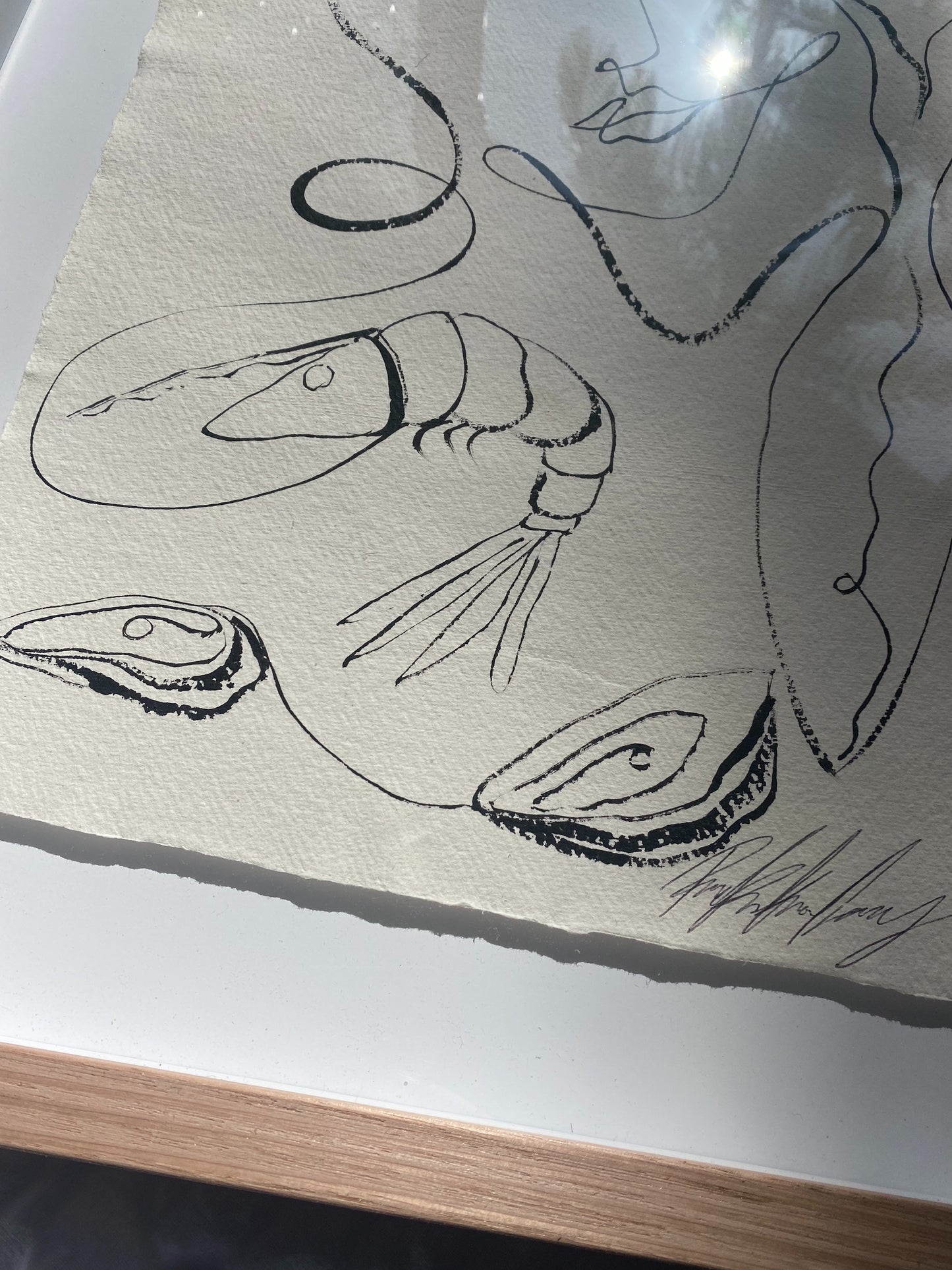 "We who love the sea" - Original black acrylic on cotton Khadi paper, framed in Tasmanian Oak. 560mm x 430.