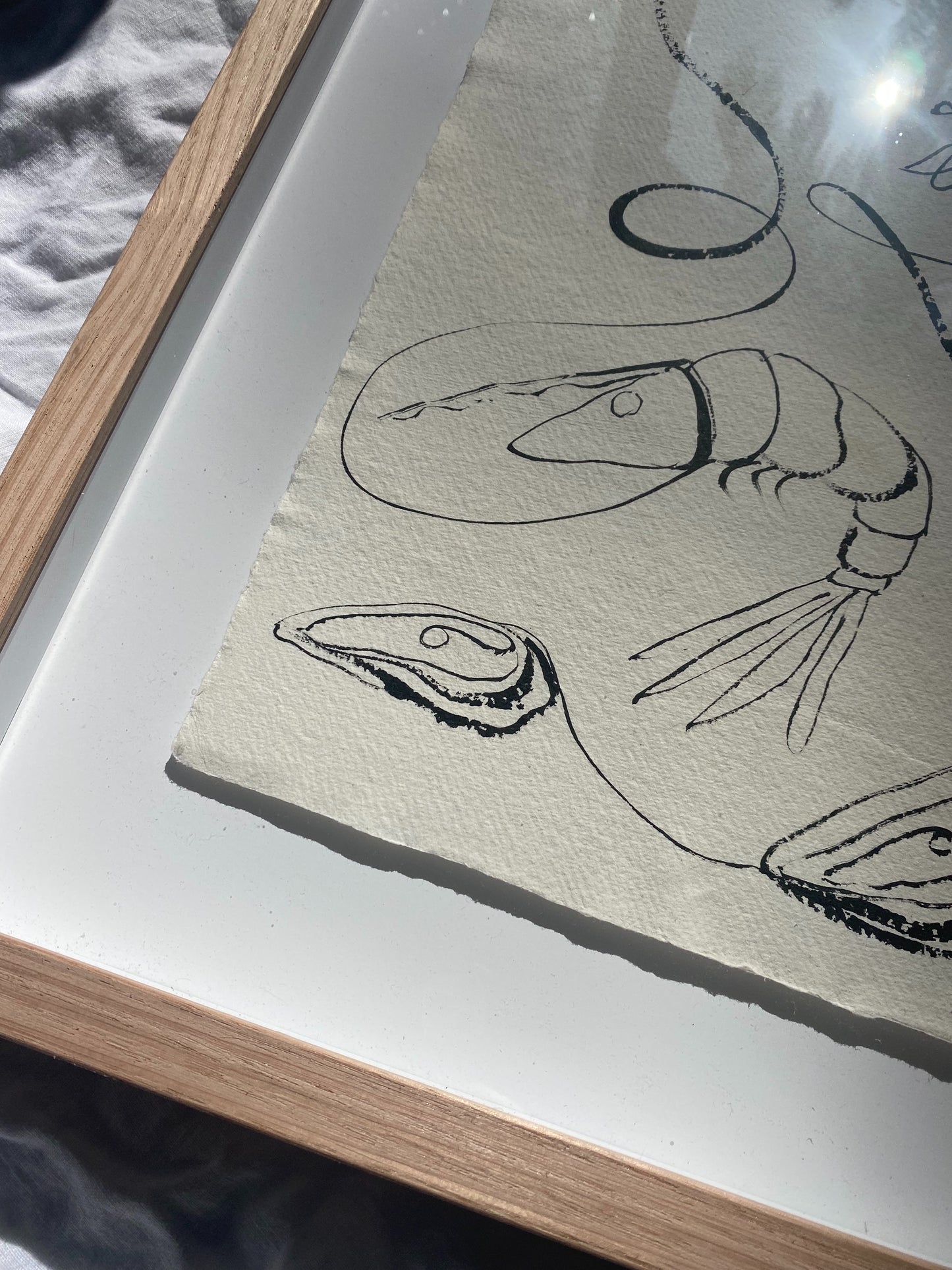 "We who love the sea" - Original black acrylic on cotton Khadi paper, framed in Tasmanian Oak. 560mm x 430.