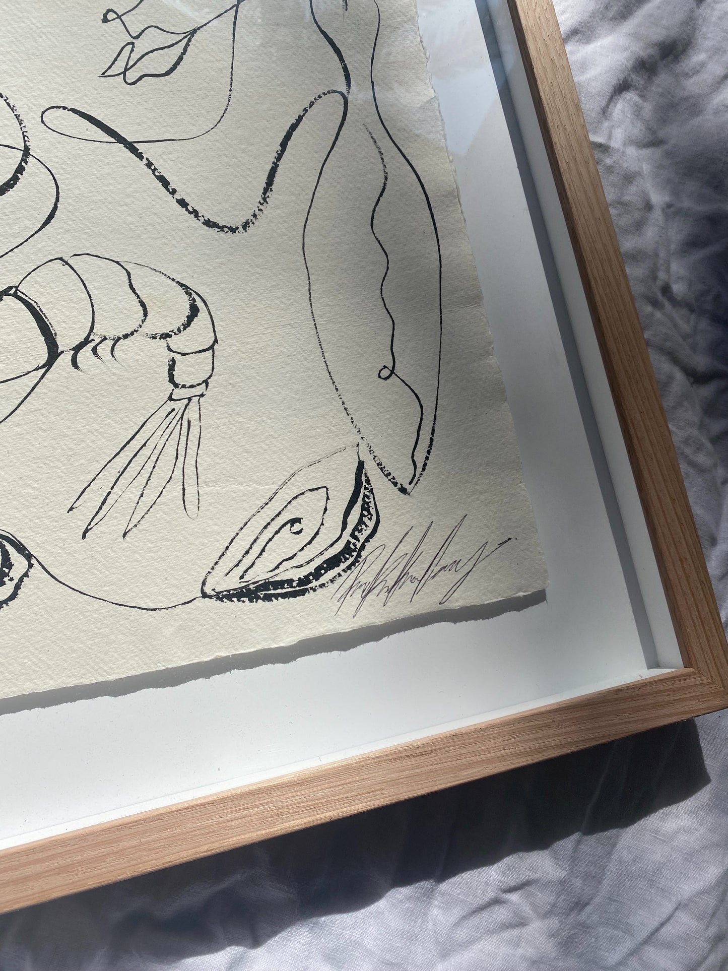 "We who love the sea" - Original black acrylic on cotton Khadi paper, framed in Tasmanian Oak. 560mm x 430.