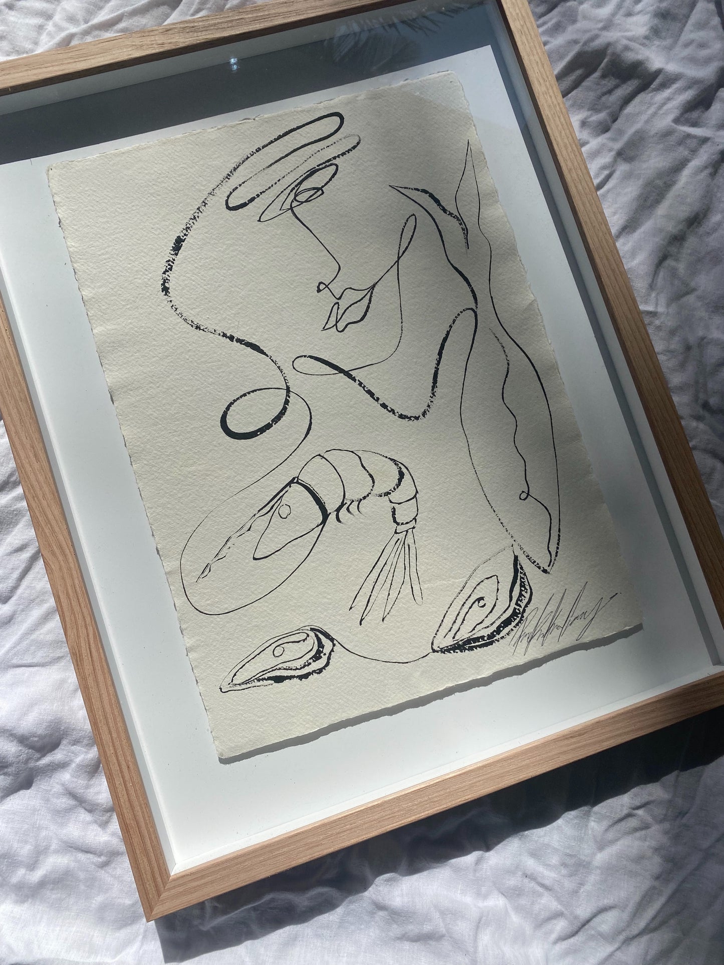 "We who love the sea" - Original black acrylic on cotton Khadi paper, framed in Tasmanian Oak. 560mm x 430.