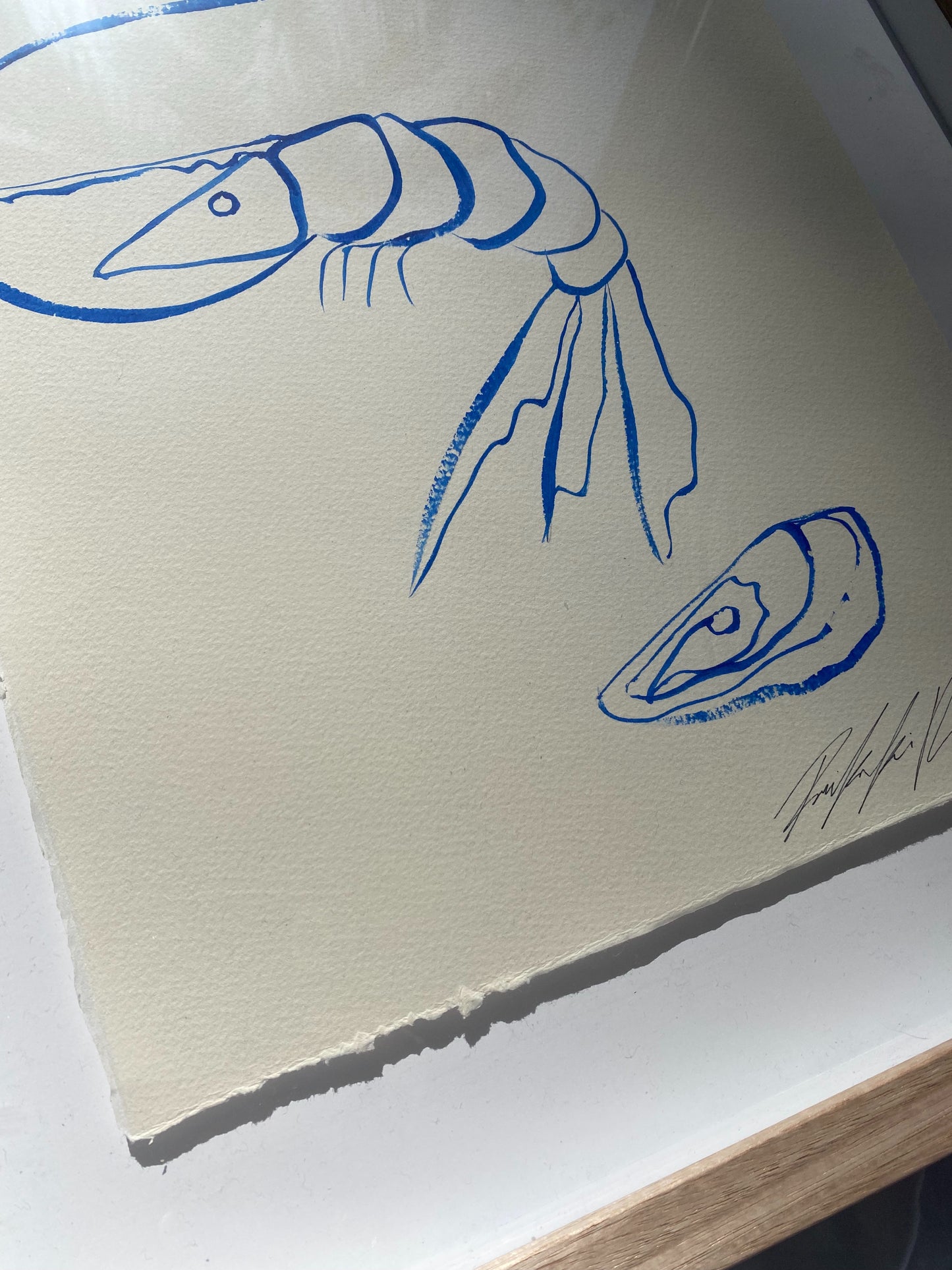 "Simplicity is Key" - Original Blue line work on 300gsm cold pressed paper, framed in Tasmanian Oak. 410mm x 530mm