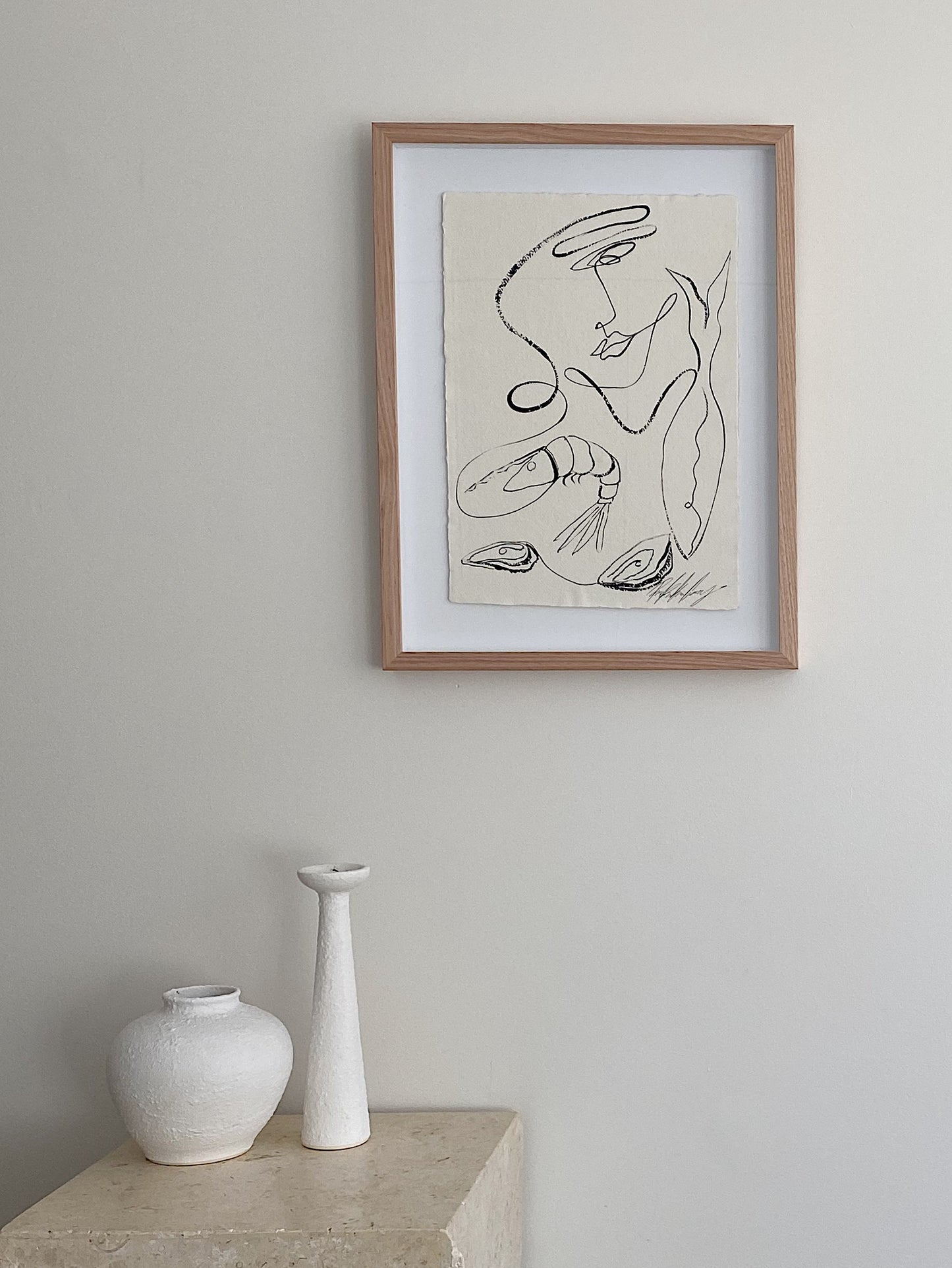 "We who love the sea" - Original black acrylic on cotton Khadi paper, framed in Tasmanian Oak. 560mm x 430.