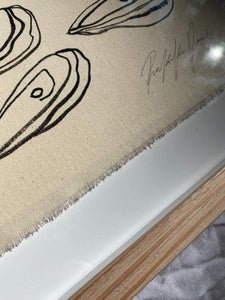 "Shall we drink these in the sea" - Original black acrylic on raw cotton, framed in Tasmanian Oak. 830mm x 900mm