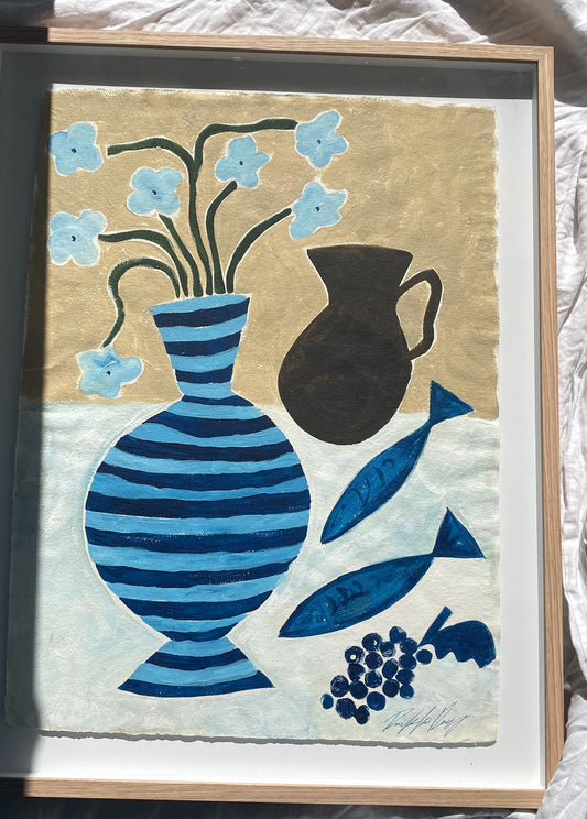 "Seaside Hotel" - Original acrylic on Khadi cotton paper, framed in Tasmanian Oak 900mm x 700