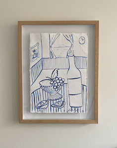 "Seaside cottage" - Original blue acrylic on Khadi paper, framed in Tasmanian Oak or unframed if preferred.