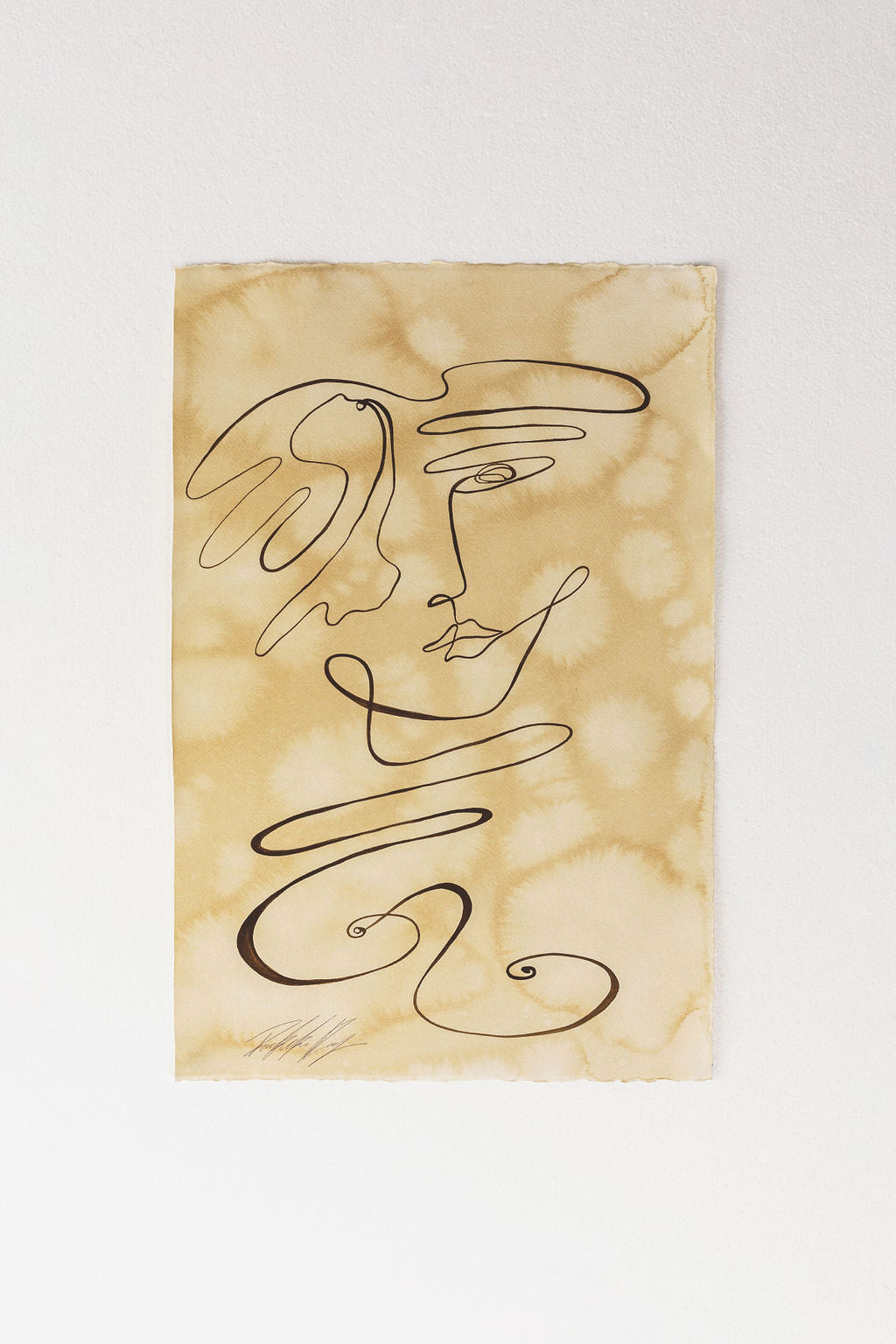Contemplate - Sepia ink continuous line on water-dyed paper.