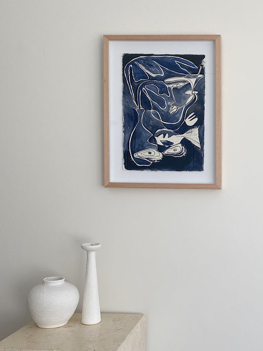 "Midnight Swim" - Original dark blue acrylic on cotton Khadi paper, framed in Tasmanian Oak, 560mm x 430mm