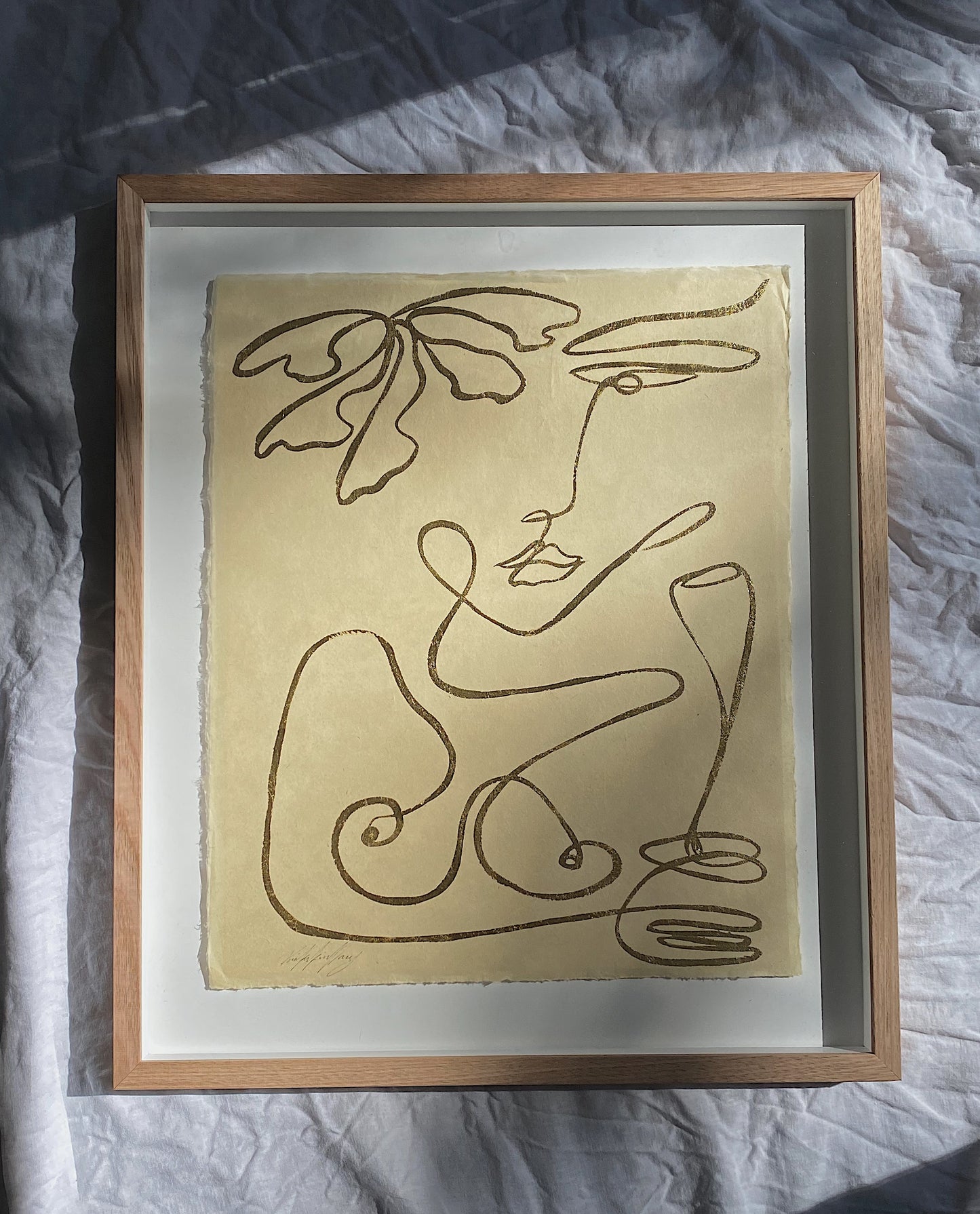 "Joys of solo" - Original gold leaf on Japanese rice paper, framed in Tasmanian Oak. 660mm x 560mm