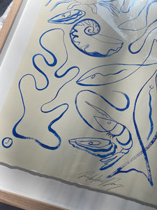 Below the foam and bubble. - Original Blue line work on cold pressed paper, famed in Tasmanian Oak, 700mm x 520mm
