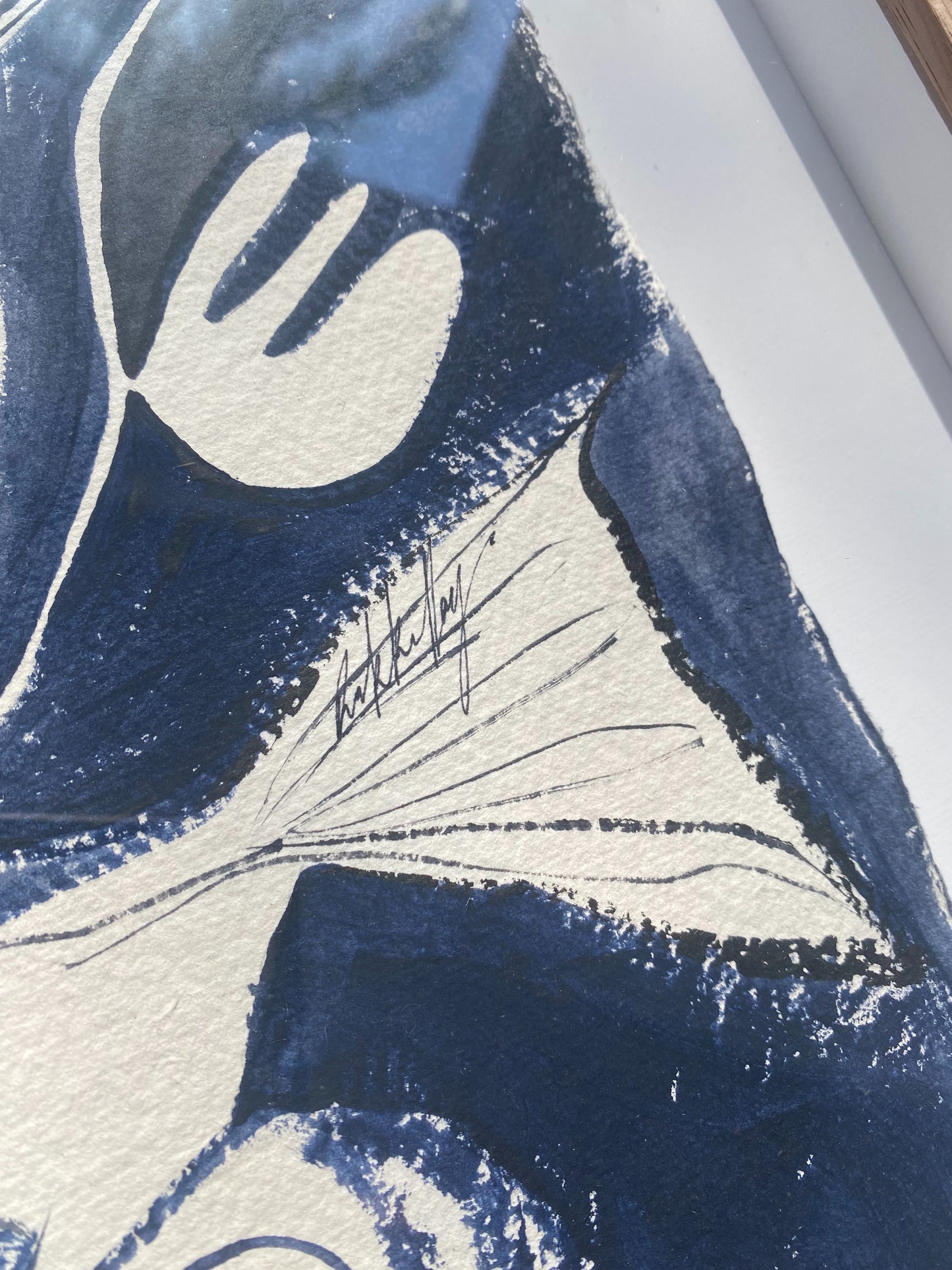 "Midnight Swim" - Original dark blue acrylic on cotton Khadi paper, framed in Tasmanian Oak, 560mm x 430mm